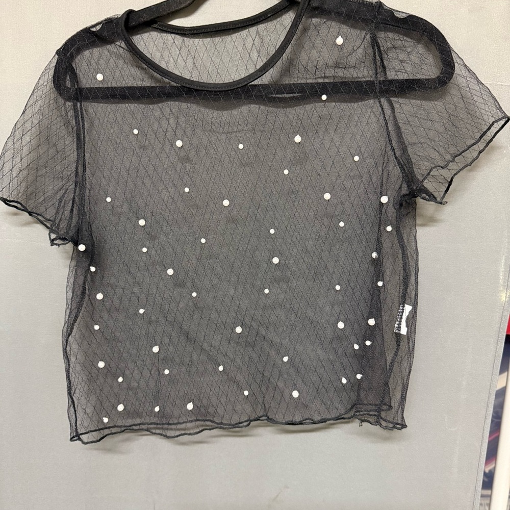 Black Sheer Mesh Top with Pearl Accents